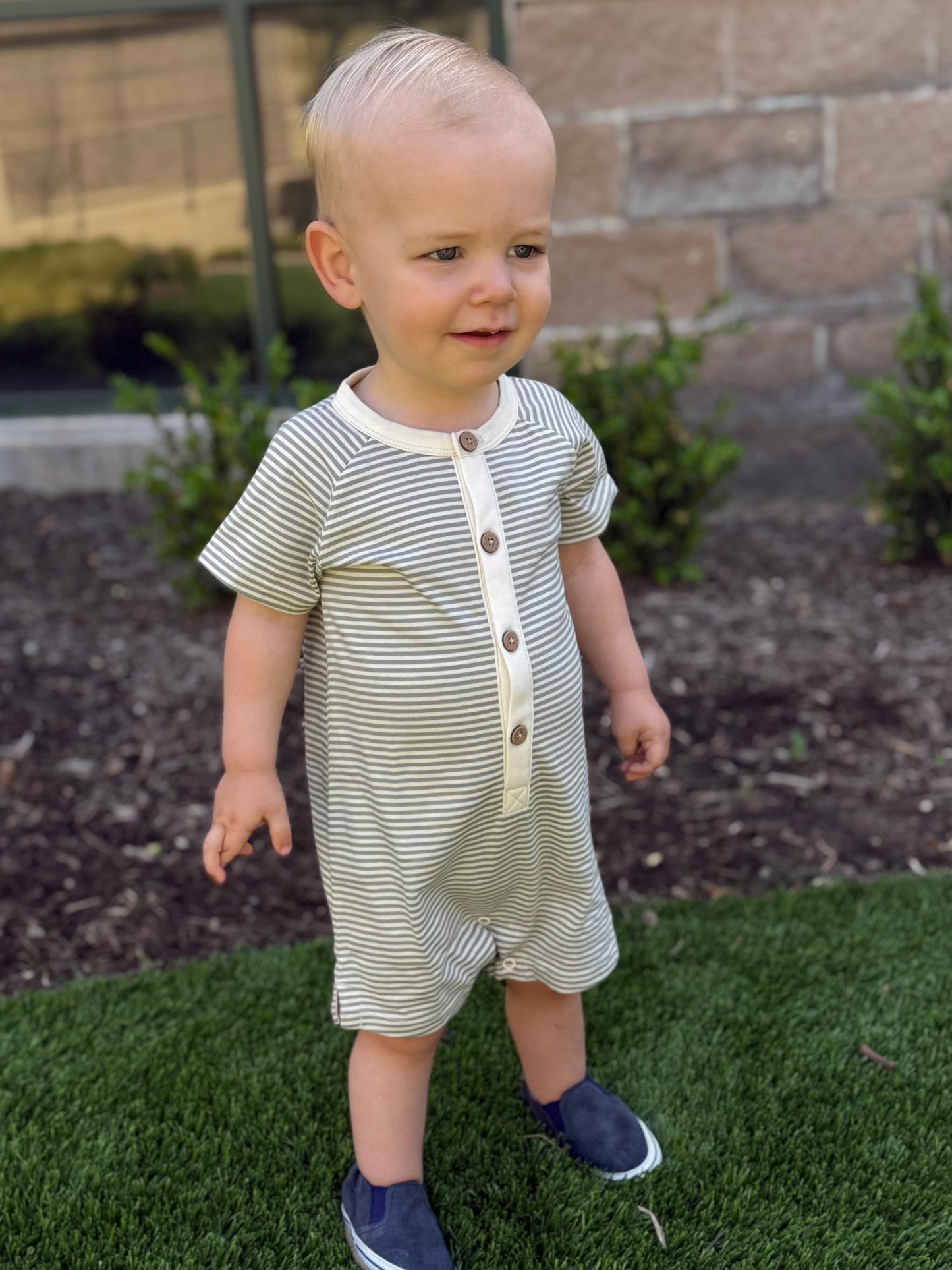 Button Romper - Steel Stripe