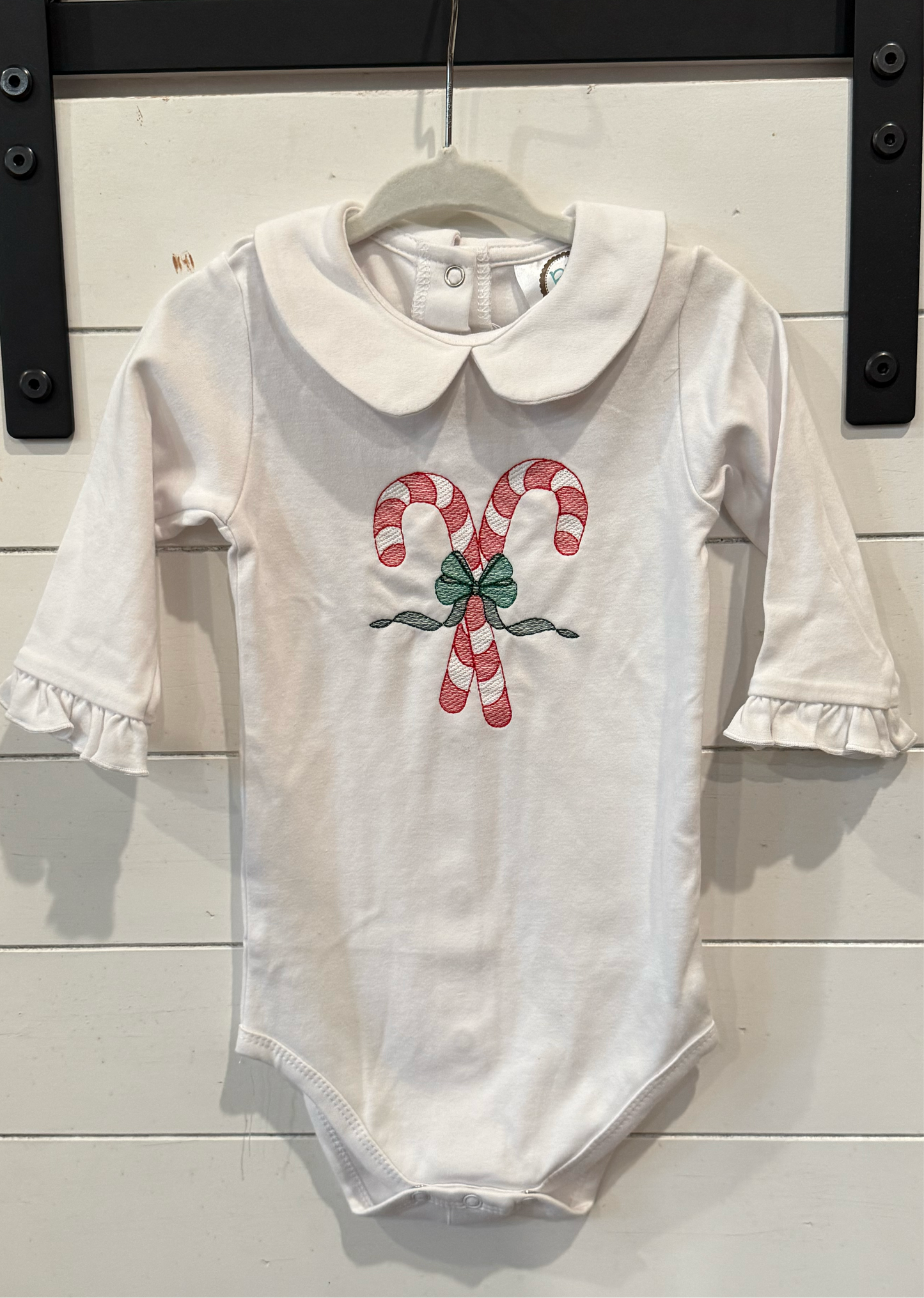 Candy Cane Bodysuit for 12M with embroidered candy canes and green bow, perfect for festive occasions.
