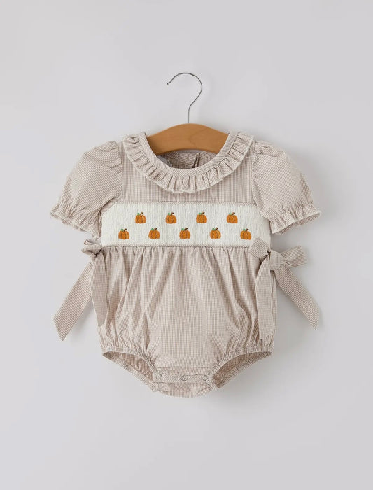 Smock Pumpkin Embroidered Plaid Baby Girl Romper
