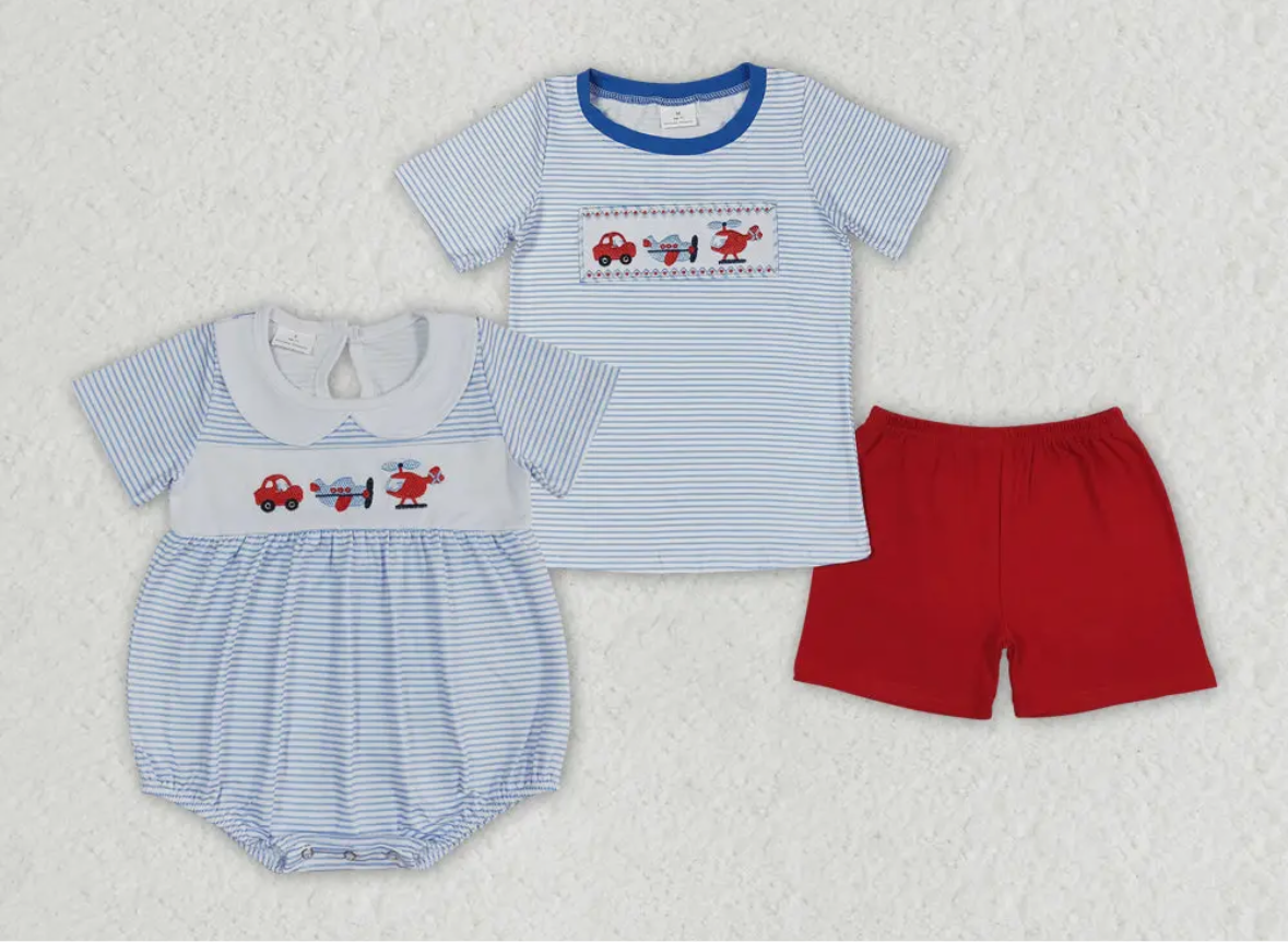 Transportation sibling set featuring embroidered romper, striped shirt, and red shorts in soft milk silk fabric.