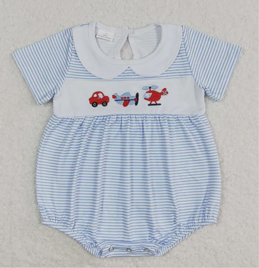 Blue striped romper with embroidered transportation motifs, featuring a car, airplane, and bird, made from milk silk.