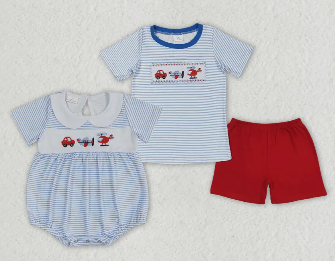 Transportation sibling shirt and shorts set featuring embroidered cars, perfect for kids, made from soft milk silk and cotton.