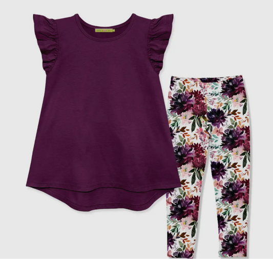 Plum angel sleeve hi-low top paired with vibrant floral leggings, perfect for stylish comfort.