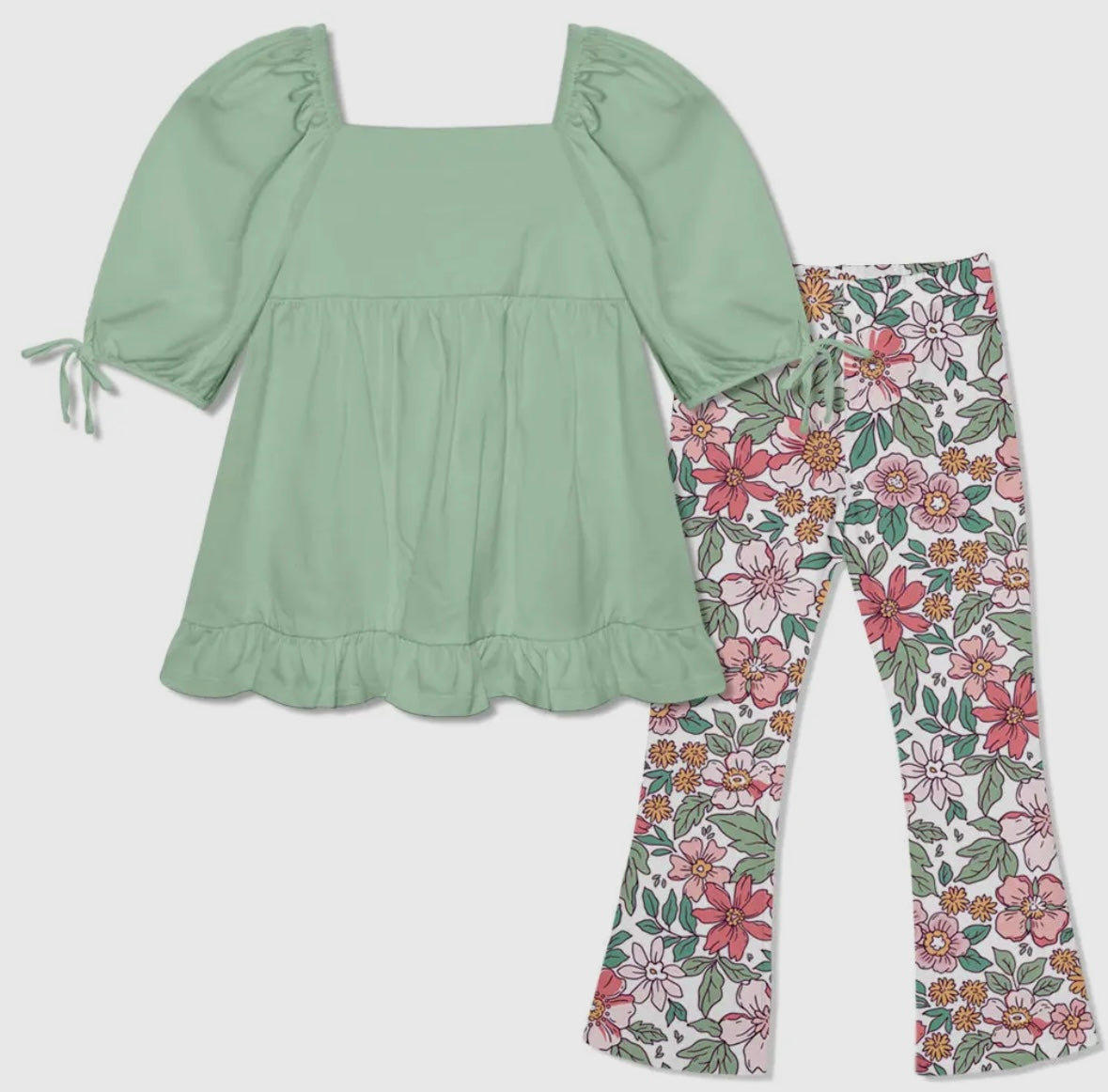 Sage Top and Floral Flare Leggings