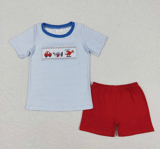 Transportation sibling shirt and shorts set in milk silk with embroidered top and red cotton shorts.