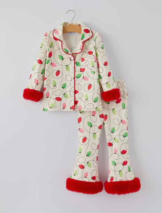 Christmas Lights Pajamas with Red Furry Trim